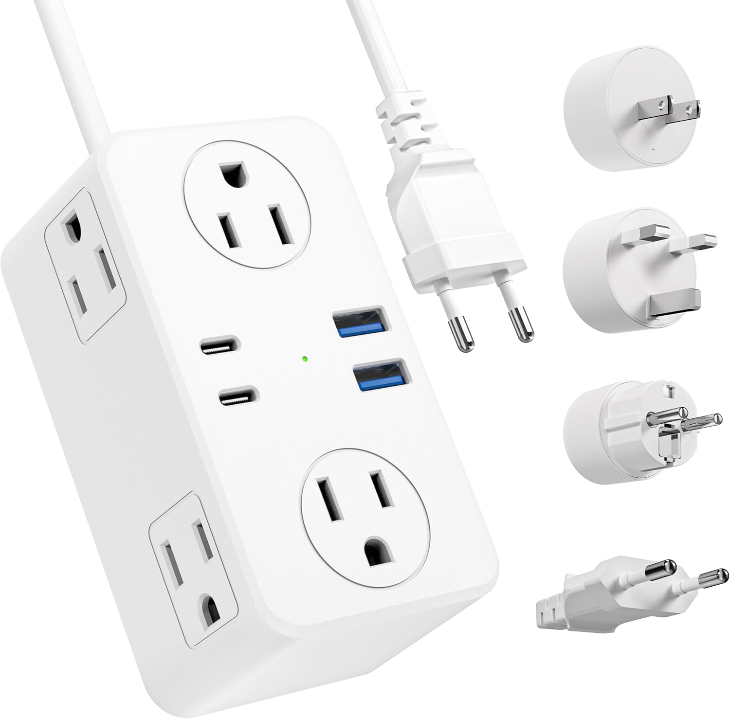 European Travel Plug Adapter, EU/UK/US Travel Plug Adapter Power Strip, 6 AC Outlets, 4 USB Ports (2 USB C), 3ft Wrapped Around Extension Cord, Universal Travel Adapter